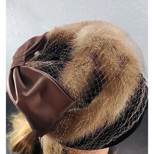 Vintage Mink Fur Pillbox Hat Headpiece Rose Copper Satin Fabric Netting Womens